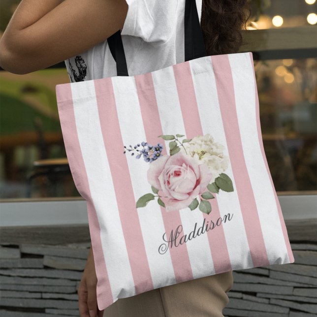 Tote Bag Bouquet de roses rayées rose-chic du pays Monogram (Créateur téléchargé)