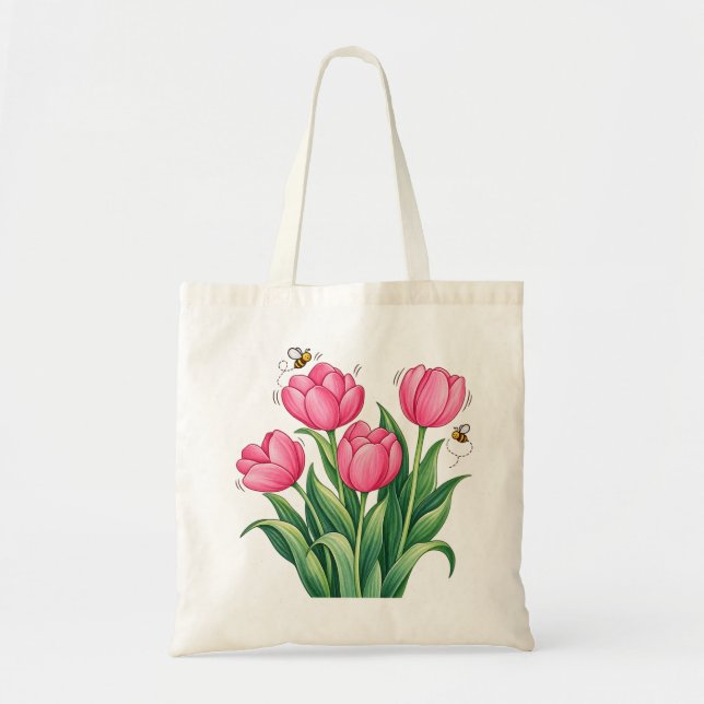 Tote Bag Bouquet de tulipes roses avec conception botanique (Devant)
