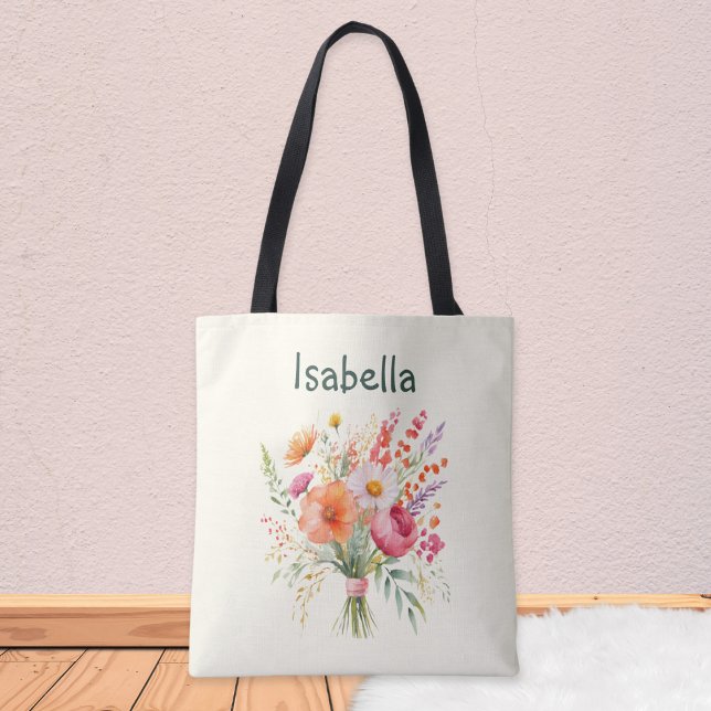 Tote Bag Bouquet Fleur Joli Floral Élégant Personnalisé (A pretty, personalized tote bag in pale cream, with picture of a summer floral bouquet)