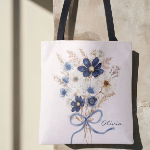 Tote Bag Bouquet Floral Bleu Marine Aquarelle Personnalisé