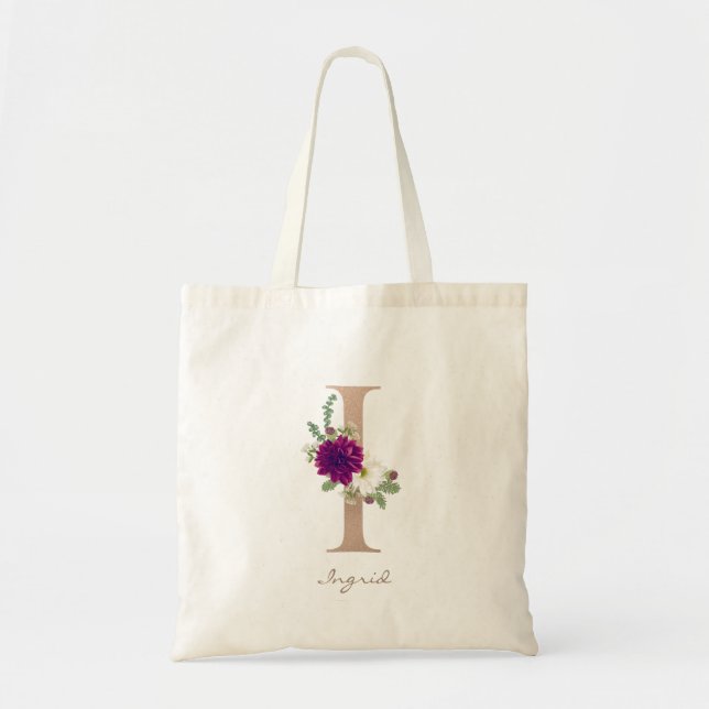 Tote Bag Bouquet floral Dahlia rose or monogramme I (Devant)