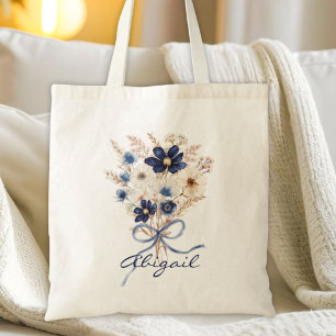 Tote Bag Bouquet Floral Fleur Bleue Aquarelle Personnalisé