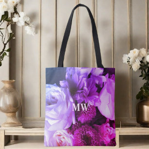 Tote Bag Bouquet floral monogramme rose violet bleu photo