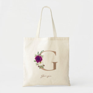 Tote Bag Bouquet floral rose or lettre G