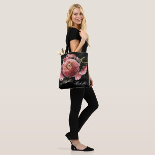 Tote Bag Bouquet floral rose romantique sur fond noir