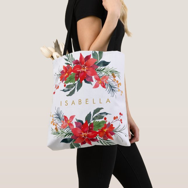 Tote Bag Bouquets d'aquarelle florale de Poinsettia rouge N (De près)