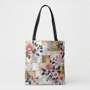 Tote Bag Bouquets de fleurs roses avec or et Carrés blancs