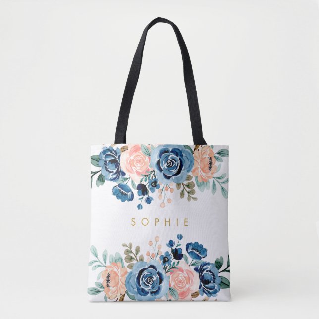 Tote Bag Bouquets floraux de couleur bleu pâleur Nom (Devant)