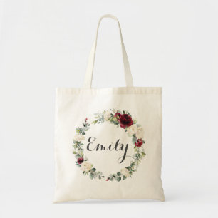 Tote Bag Bourgogne Blanc Ivory Floral Fleurs Mariage Faveur