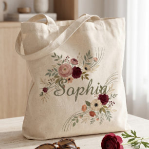 Tote Bag Bourgogne et Blush Fleurs Aquarelle Personnalisé 