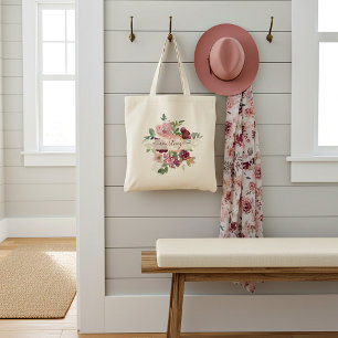 Tote Bag Bourgogne et floral aquarelle rose personnalisé