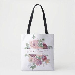 Tote Bag Bourgogne et rose aquarelle florale personnalisée