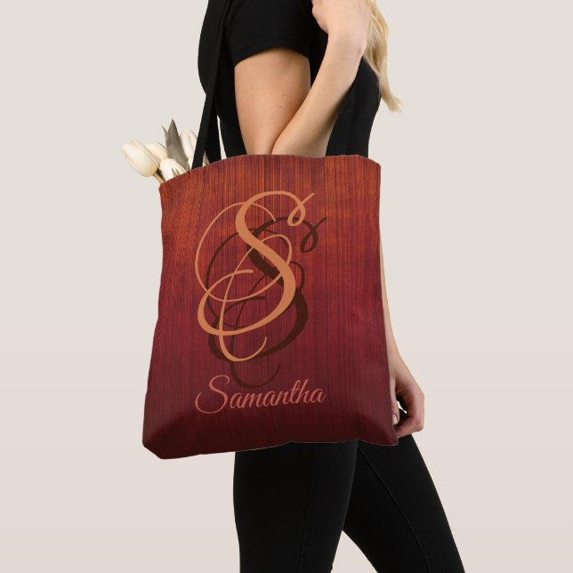 Tote Bag Bourgogne Orange Rouge rustique monogramme ombre r (De près)
