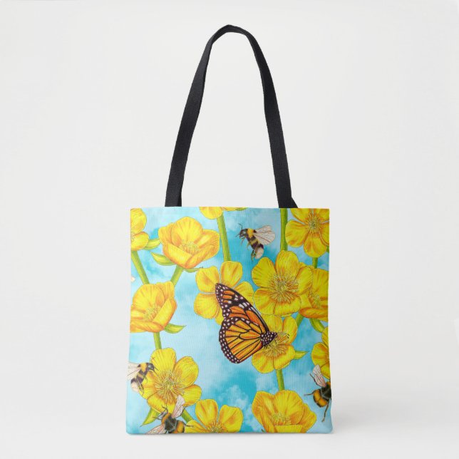 Tote Bag Bouteilles, abeilles et papillons (Devant)