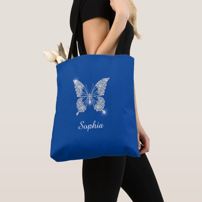 Tote Bag Bouton Diamant Blanc, Nom du script, Bleu Profond (De près)
