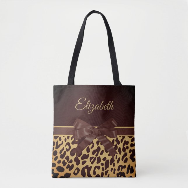 Tote Bag Bow noir imprimé Leopar (Devant)