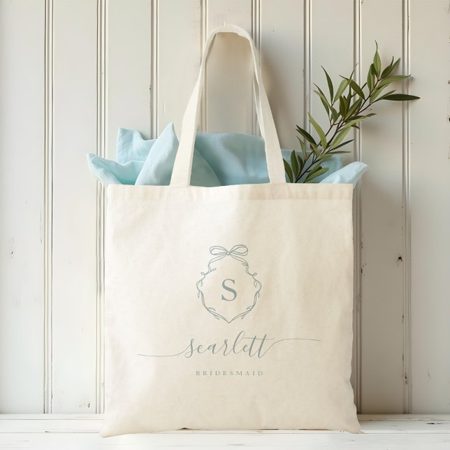 Tote Bag Bow & Ribbon Monogram Crest Mariage fête de mariag (Bow & Ribbon Monogram Crest Wedding Bridal Party Tote Bag (Front))
