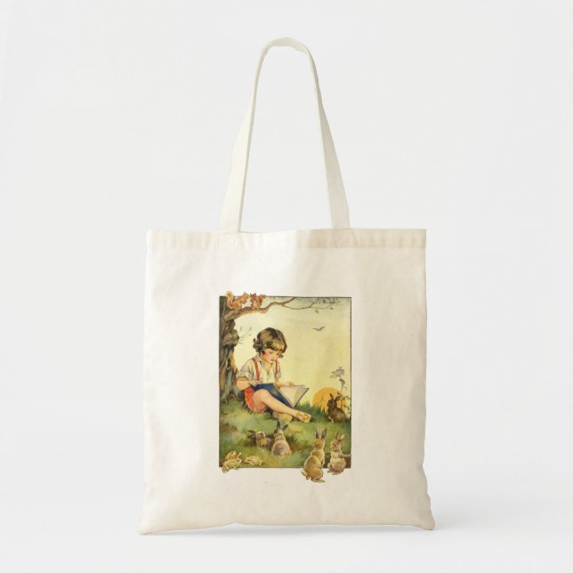 Tote Bag Boy reading under tree with rabbits (Devant)