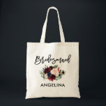 Tote Bag Bracelet Script Bourgogne Bleu Floral<br><div class="desc">Brosse moderne tendance Script Aquarelle Bourgogne Marsala Bleu Floral Bridesmaid Sac fourre-tout</div>