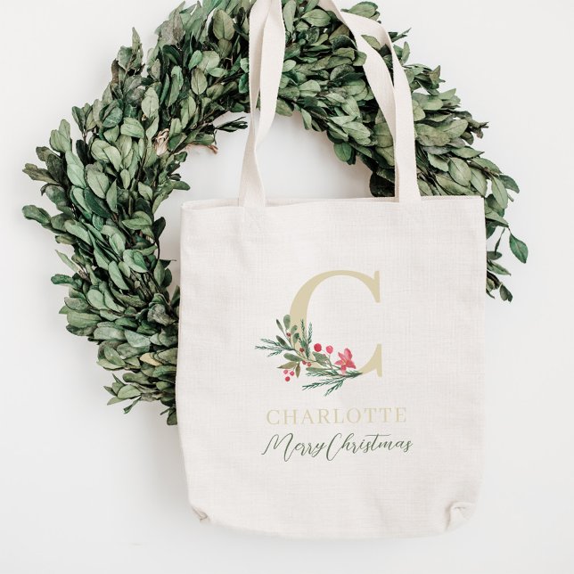 Tote Bag Branche de baie rustique initiale et nom Noël (Créateur téléchargé)
