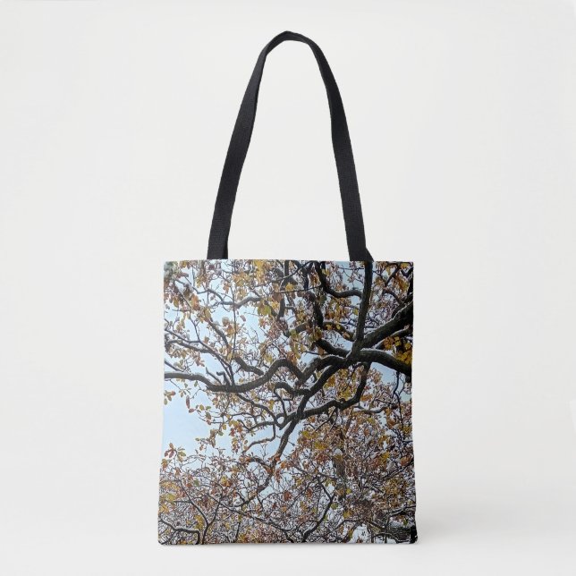 Tote Bag Branches, avec feuilles orange et neige (Devant)