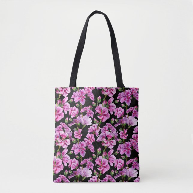 Tote Bag Branches de géranium, bourgeons roses aquarelles. (Devant)