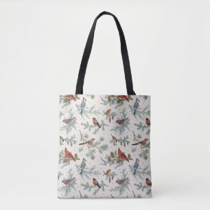 Tote Bag Branches d'oiseaux et de pins d'hiver Motif