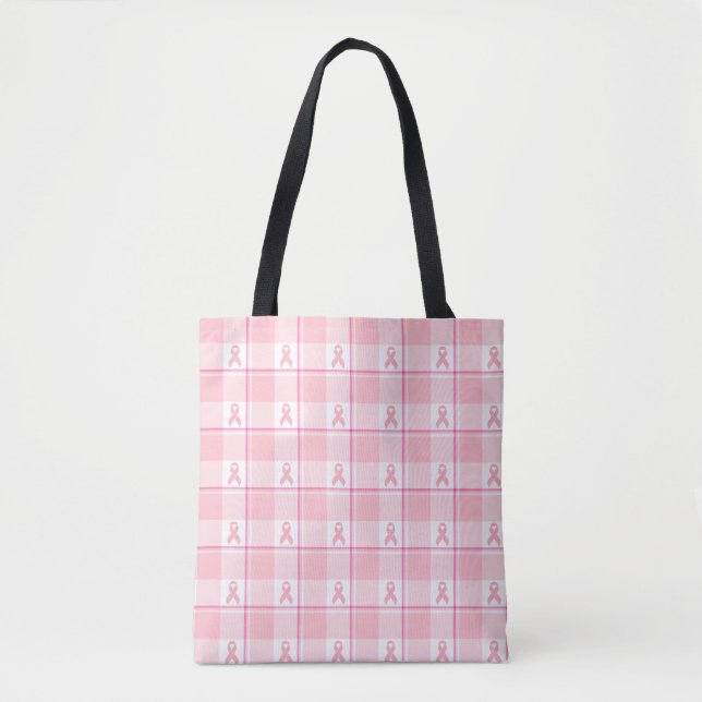 Tote Bag Breast Cancer Awareness Plaid Tote Bag, Pink (Devant)