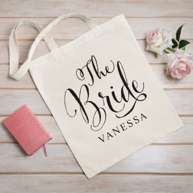 Tote Bag Bride Black Script Personalized Wedding (Créateur téléchargé)