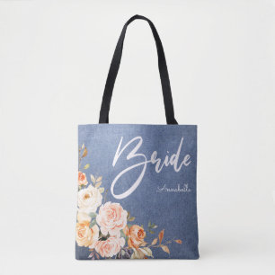 Tote Bag Bride Blush Pink & Peach faux Jean Floral