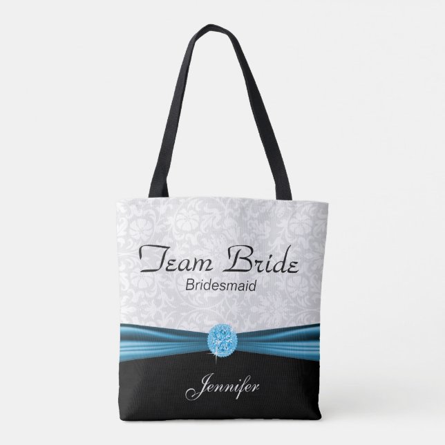 Tote Bag Bride d'équipe blanche Damask et bleue (Dos)