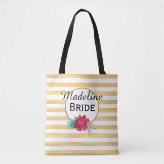 Tote Bag BRIDE FLORAL & GOLD STRIPE personnalisée
