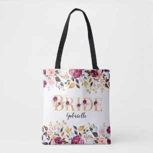 Tote Bag Bride Gold Burgundy Blush Floral Mariage