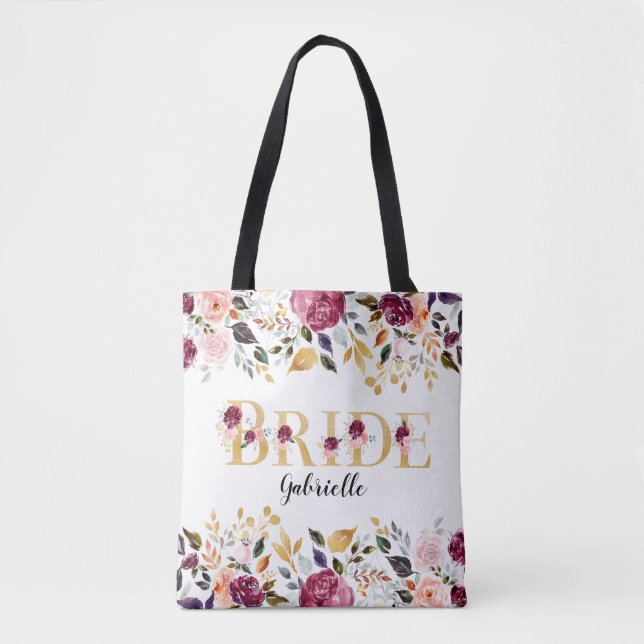 Tote Bag Bride Gold Burgundy Blush Floral Mariage (Devant)