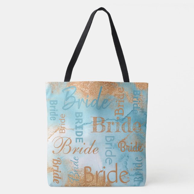 Tote Bag Bride Gold Turquoise Script Mariage moderne (Devant)