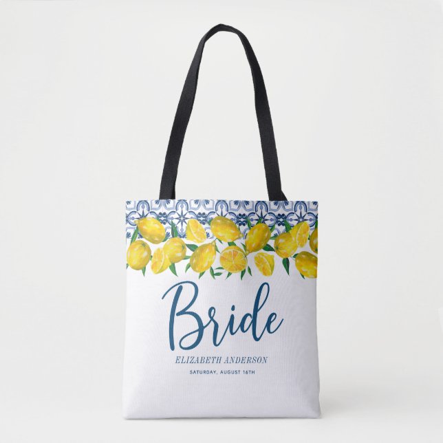 Tote Bag Bride Italien Carrelage bleu Citron Boho Mariage (Devant)