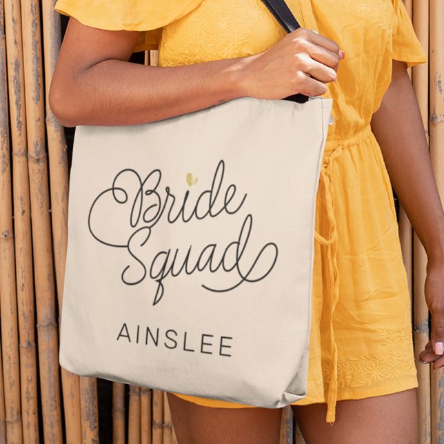 Tote Bag Bride Squad Modern Script Gold Nom du Mariage (Créateur téléchargé)