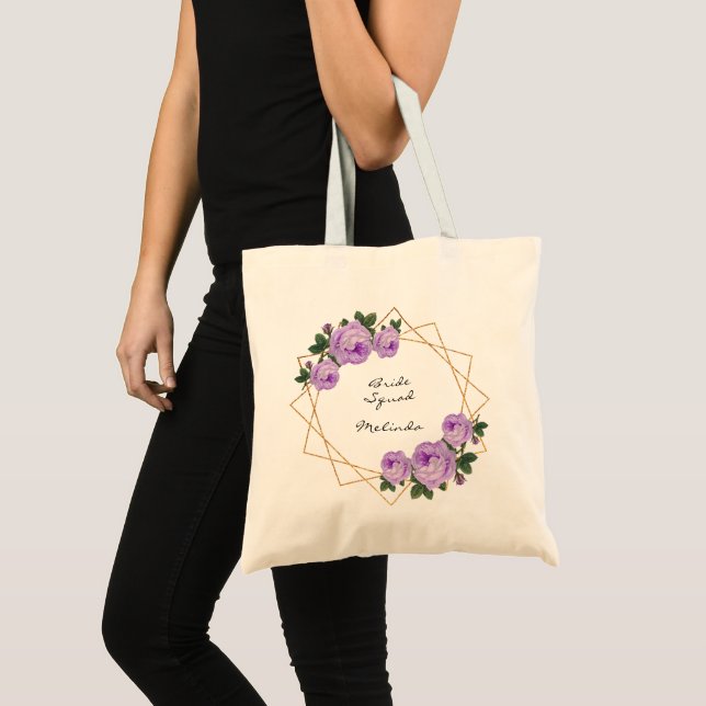 Tote Bag Bride Squad Purple Floral Elegant Parties scintill (Devant (produit))