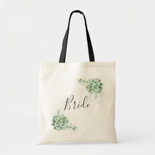 Tote Bag Bride. Watercolor succulents. Wedding cactus (Devant)