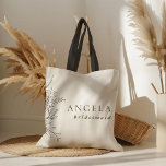 Tote Bag Bridesmaid Bouquet débordant<br><div class="desc">Moderne, ludique et sophistiqué, ce sac fourre-tout de femme de chambre est doté d'un bouquet floral à débordement dessiné à la main, associé à une typographie chic dans un vert foncé, en coordination avec le vert plus clair sur l'arrière. Le contraste entre le noir floral et le vert ajoute une...</div>