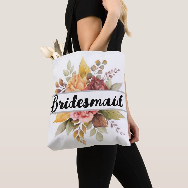 Tote Bag Bridesmaid Bourgogne Floral Texte Mariage de autom (De près)