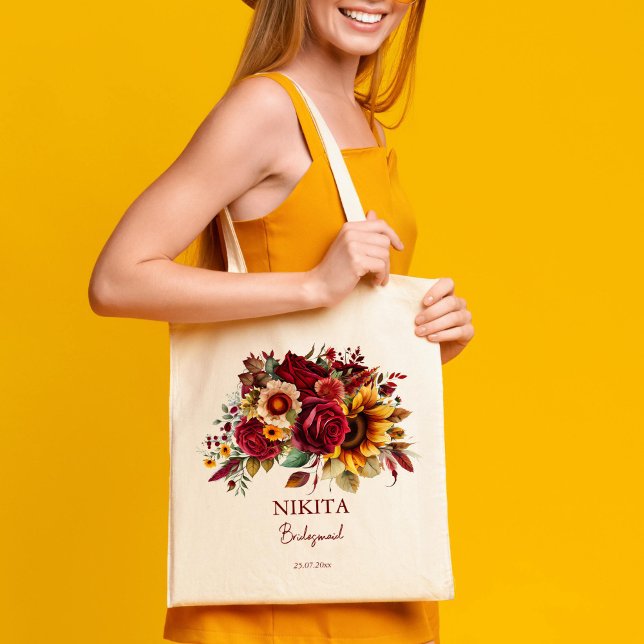 Tote Bag Bridesmaid cadeaux rose bordeaux tournesols (Bridesmaid gifts burgundy roses sunflowers personalized tote bag)