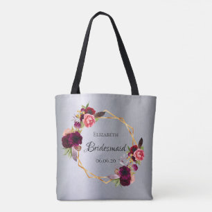 Tote Bag Bridesmaid floraux d'argent bordeaux