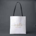 Tote Bag Bridesmaid Gift Gold Nom<br><div class="desc">Ce sac de maquillage et d'accessoires Bridesmaid est doté d'une typographie manuscrite en or avec des swashes sur un arrière - plan blanc ou de minuit. Présentez à vos demoiselles d'honneur un sac de toilette pour leur maquillage et des petits articles traditionnellement présentés au dîner de répétition, à utiliser tôt...</div>