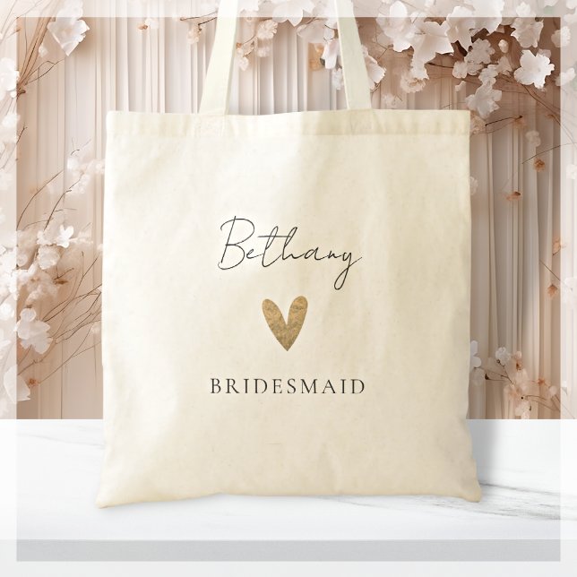 Tote Bag Bridesmaid Gold Heart Script moderne (Créateur téléchargé)