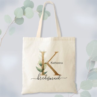 Tote Bag Bridesmaid Gold Leaf Green Foliage Monogramme "K"