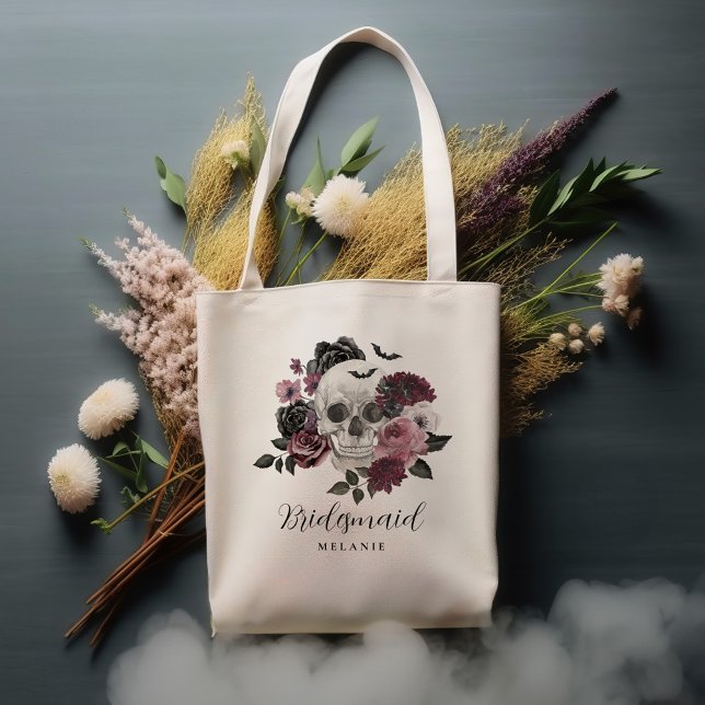 Tote Bag Bridesmaid Halloween gothique Floral Mariage crâne (Bridesmaid Halloween Gothic Floral Skull Wedding Tote Bag)