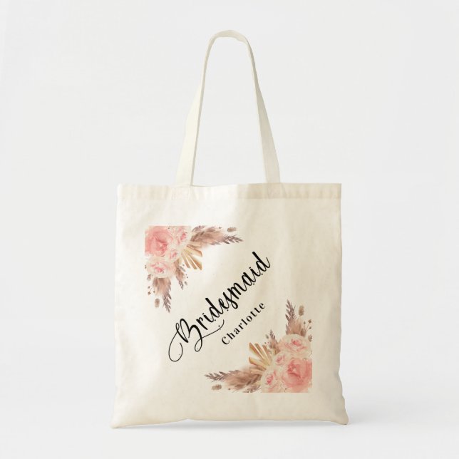 Tote Bag Bridesmaid Pampas herbe rose or mariage fleuri or (Devant)