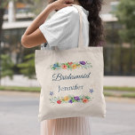 Tote Bag Bridesmaid Personalized Floral Beach Wedding<br><div class="desc">This lovely floral beachy tote bag is perfect for special gifts for your bridesmaids. Shimmery watercolor roses and greenery are accented with starfish,  pearls,  and glitter.  Easily change the text to personalize the design.</div>