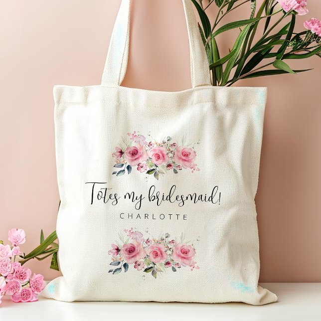 Tote Bag Bridesmaid Pink Floral Nom personnalisé (Créateur téléchargé)